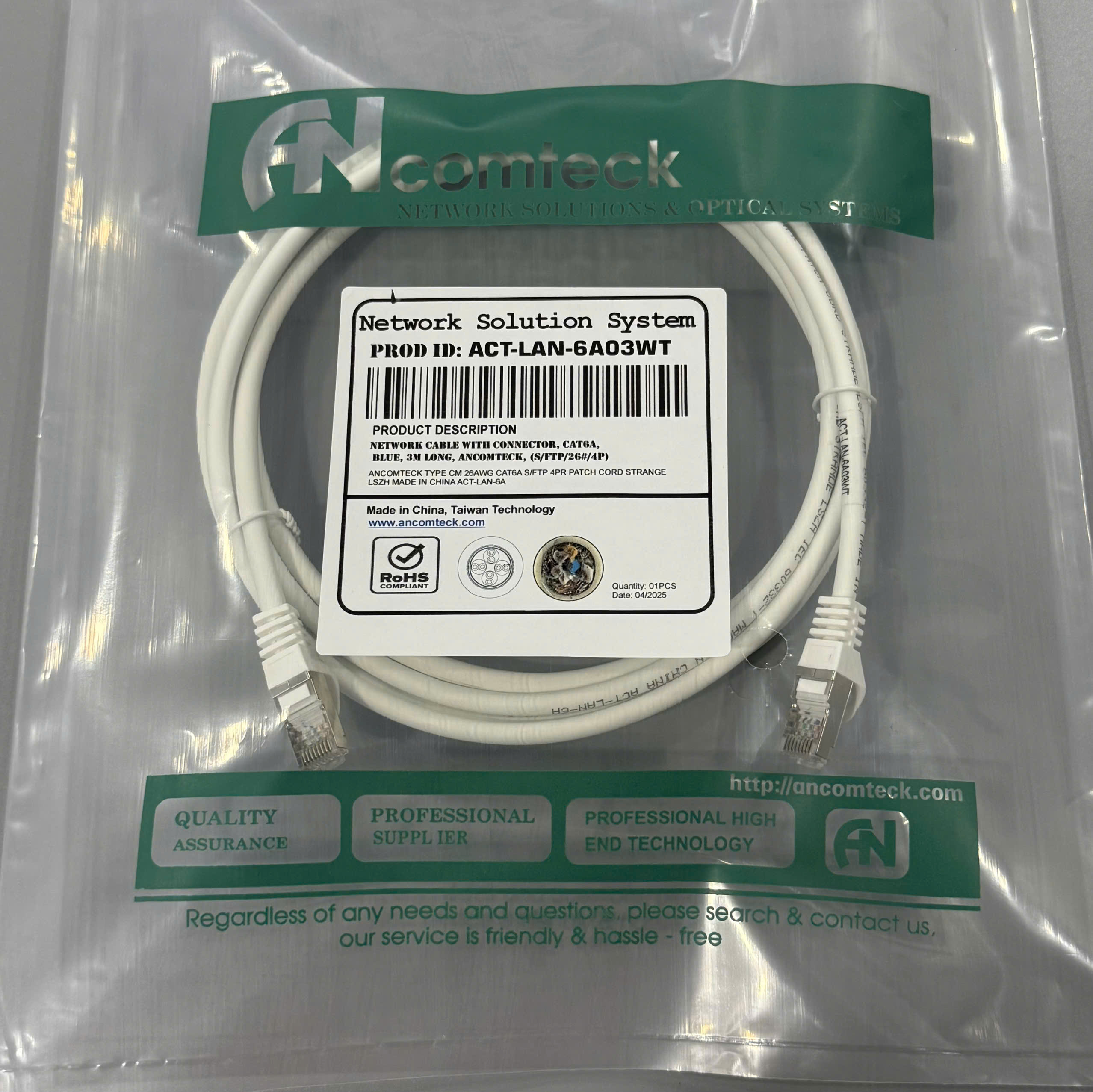 Dây nhảy PATCH CORD Cat6A FTP, Shielded, LSZH, White, 3M - ANCOMTECK MÃ ACT-LAN-6A03WT